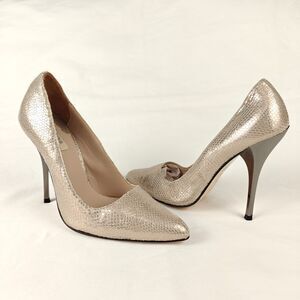 Reiss Champagne Gold Snakeskin Black Chrome 5” Heels Pointed Toe Pumps Size 39